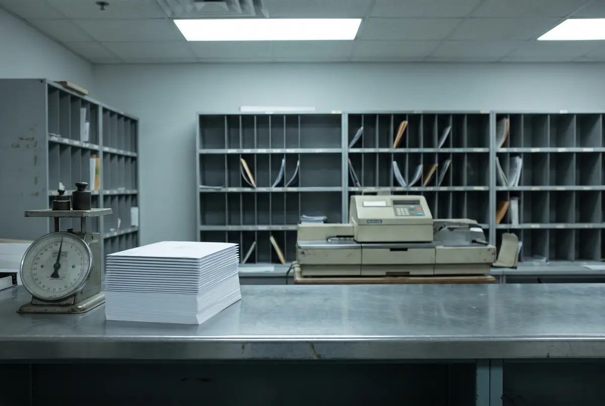 A mailroom counter with a squared-off stack of plain white envelopes, a postal scale and grey pigeonhole sorting shelves behind