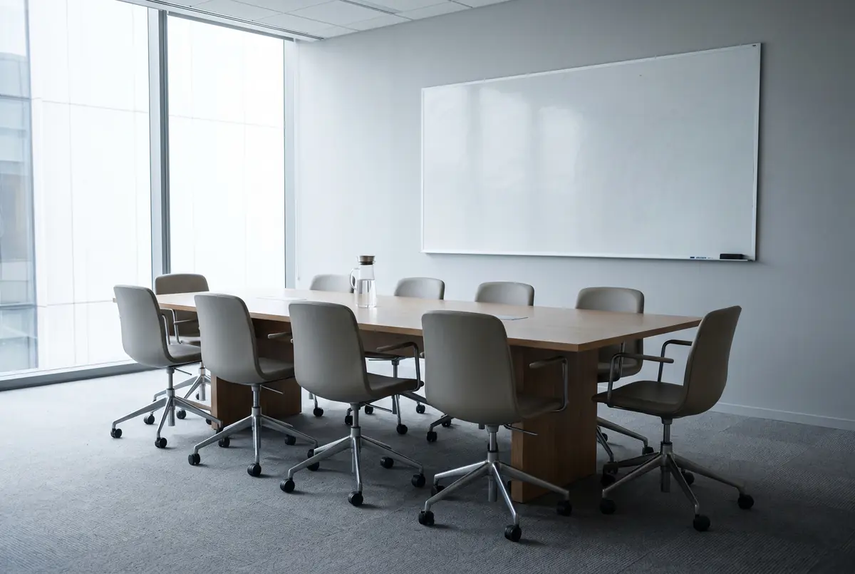 An empty meeting room with a long plain table, identical chairs and a wiped-clean whiteboard