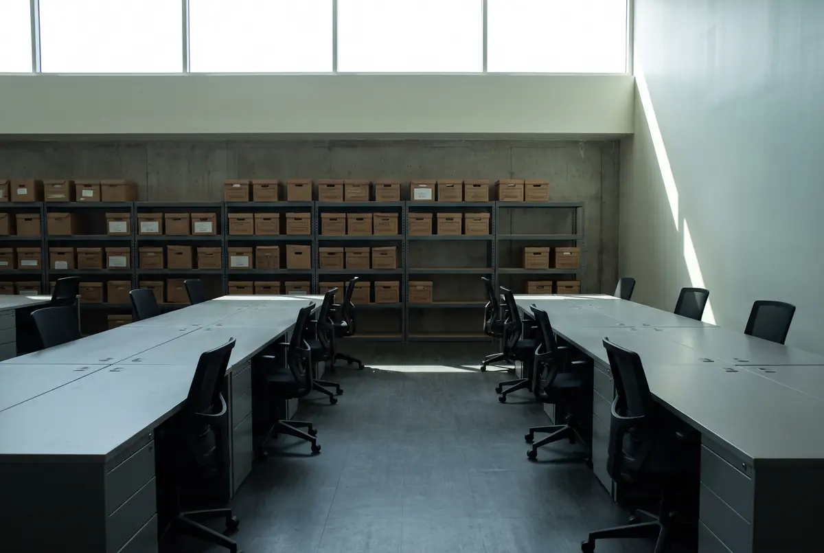 A plain office with long desks, stacked document boxes on steel shelving, and daylight from high windows