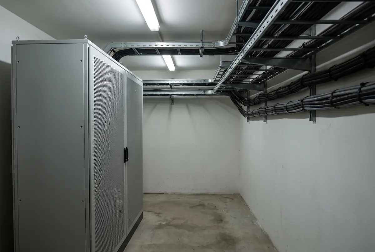 A locked grey server cabinet in a quiet room, cable trays overhead, a single indicator light visible